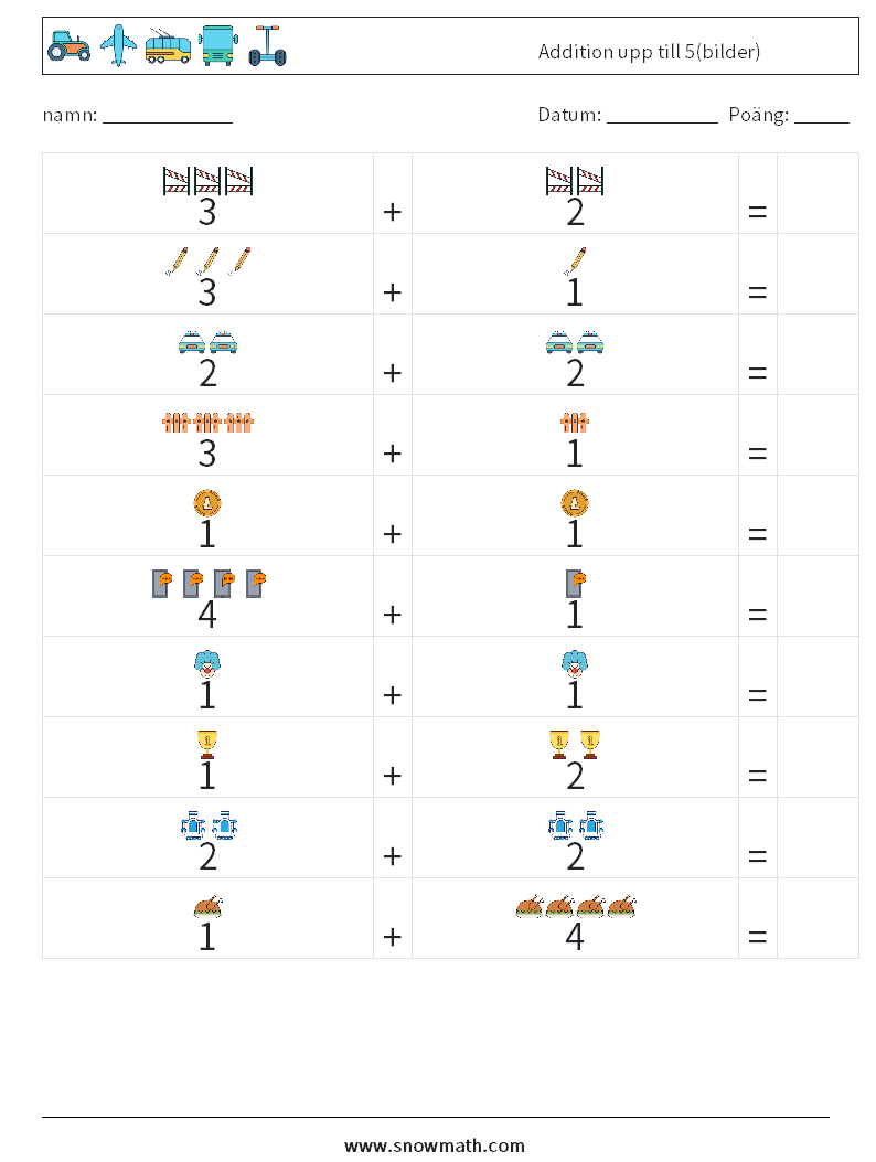 Addition upp till 5(bilder) Matematiska arbetsblad 5