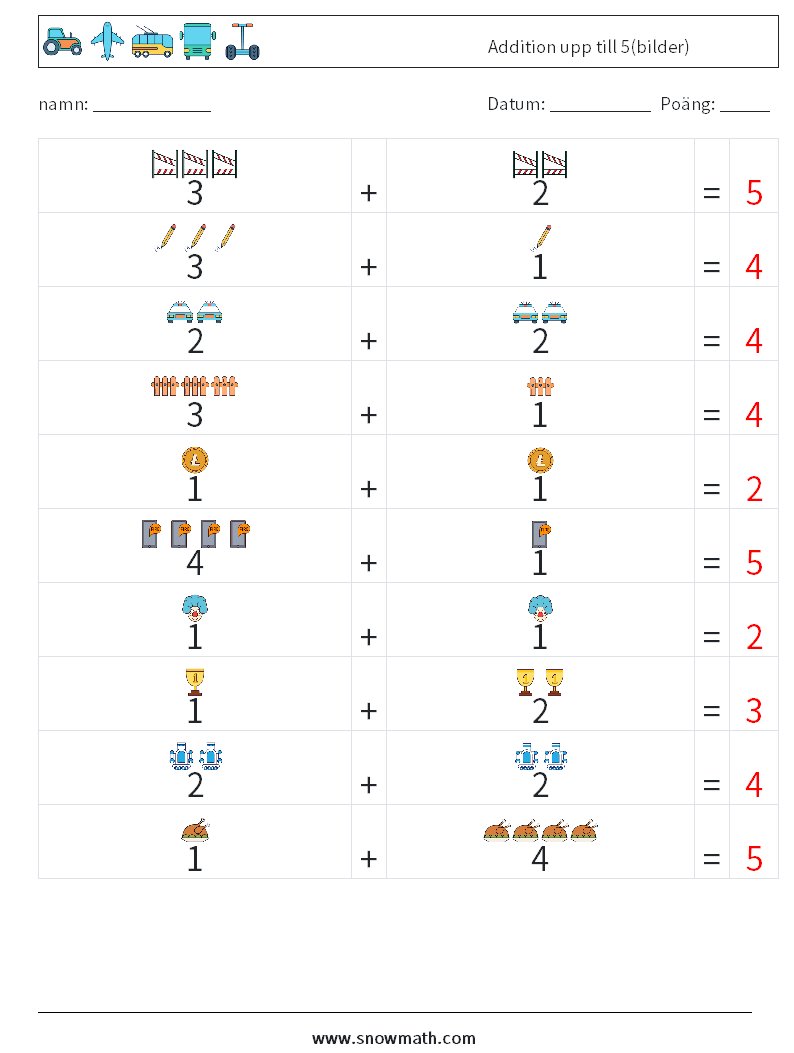 Addition upp till 5(bilder) Matematiska arbetsblad 5 Fråga, svar