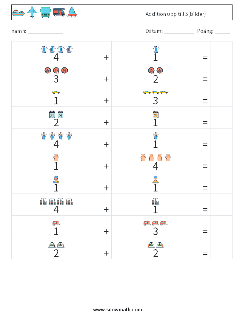 Addition upp till 5(bilder) Matematiska arbetsblad 6