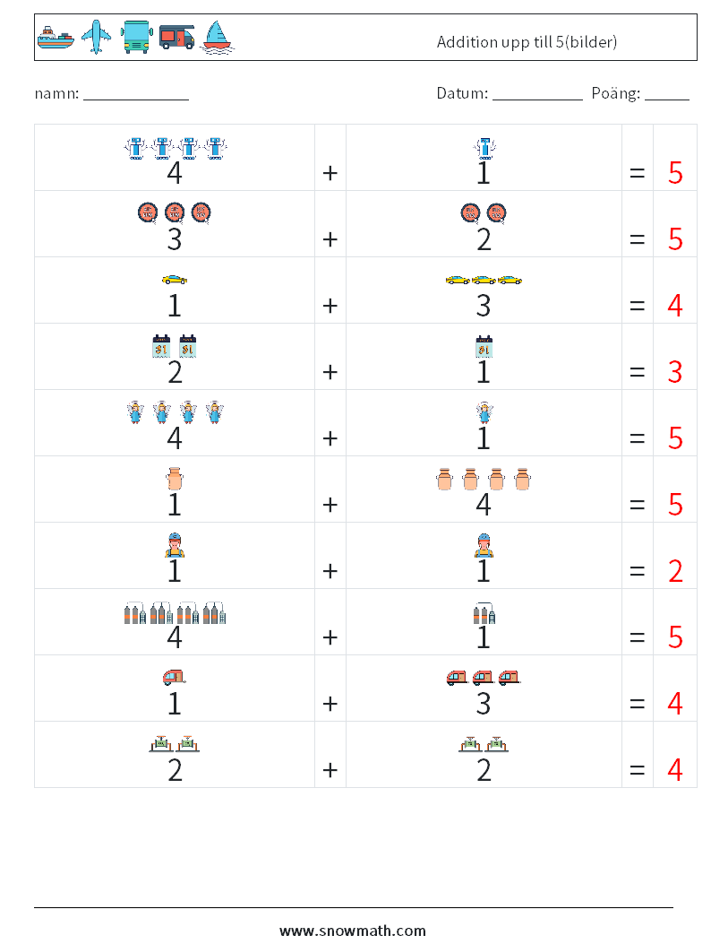 Addition upp till 5(bilder) Matematiska arbetsblad 6 Fråga, svar