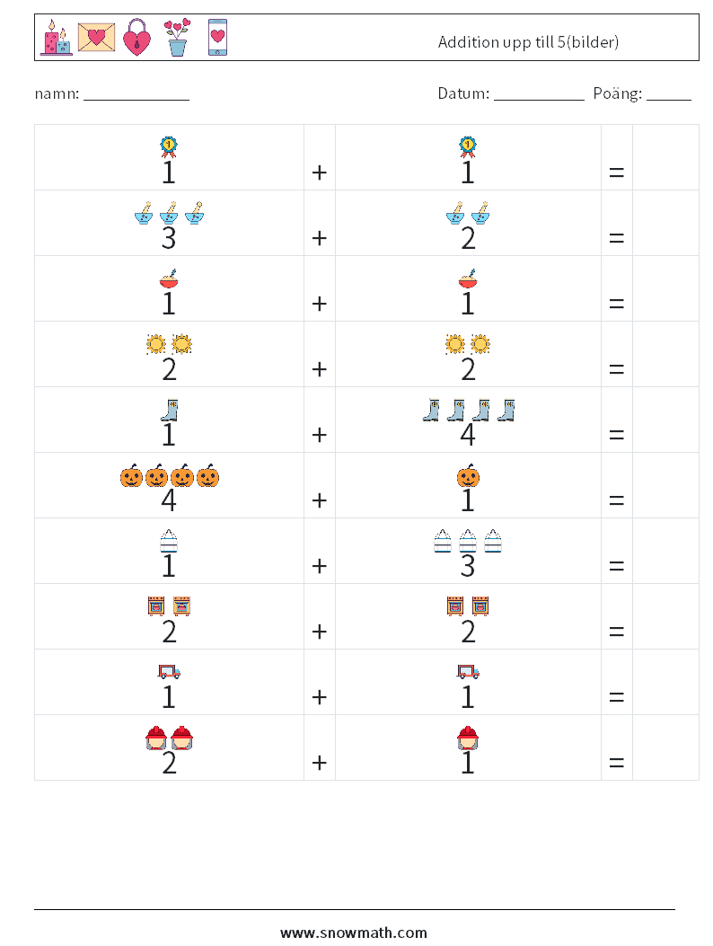Addition upp till 5(bilder) Matematiska arbetsblad 7