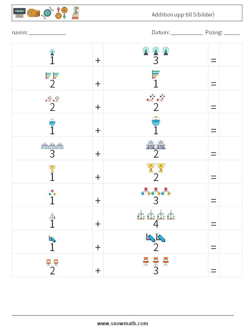 Addition upp till 5(bilder) Matematiska arbetsblad 8