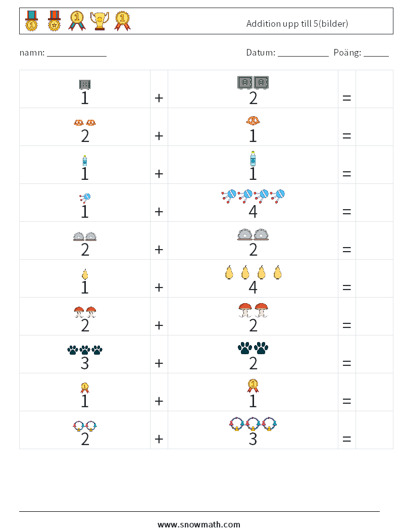 Addition upp till 5(bilder) Matematiska arbetsblad 9