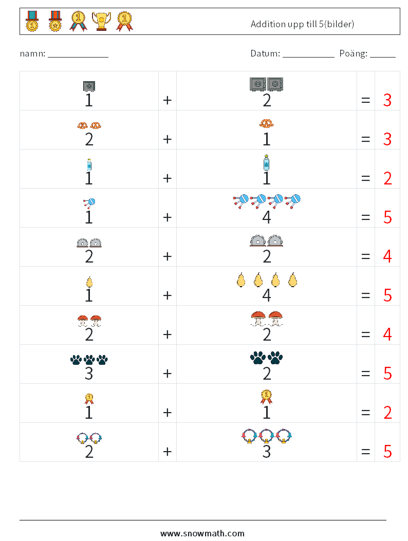 Addition upp till 5(bilder) Matematiska arbetsblad 9 Fråga, svar