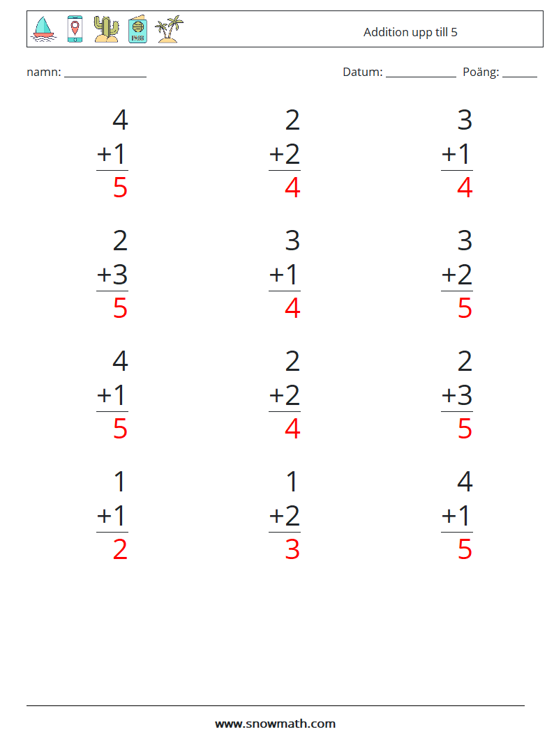 (12) Addition upp till 5 Matematiska arbetsblad 2 Fråga, svar