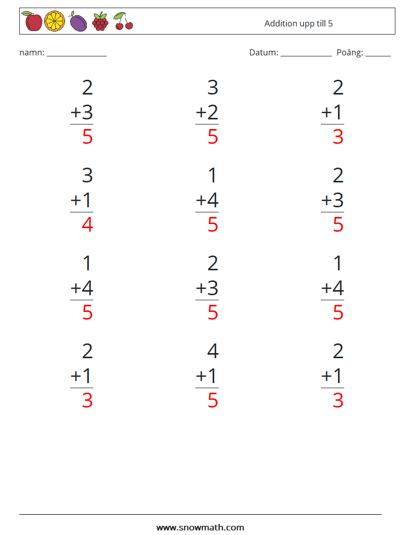 (12) Addition upp till 5 Matematiska arbetsblad 3 Fråga, svar