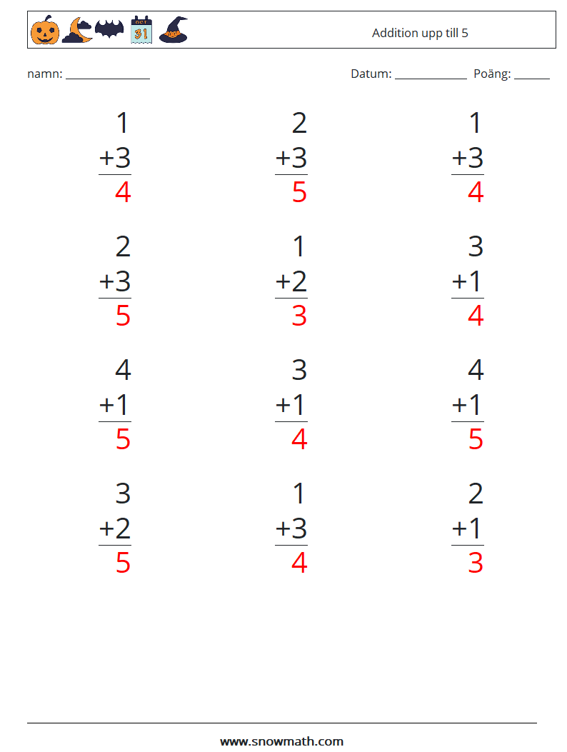 (12) Addition upp till 5 Matematiska arbetsblad 5 Fråga, svar