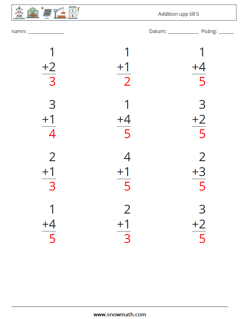 (12) Addition upp till 5 Matematiska arbetsblad 6 Fråga, svar