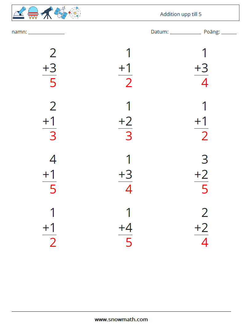 (12) Addition upp till 5 Matematiska arbetsblad 7 Fråga, svar