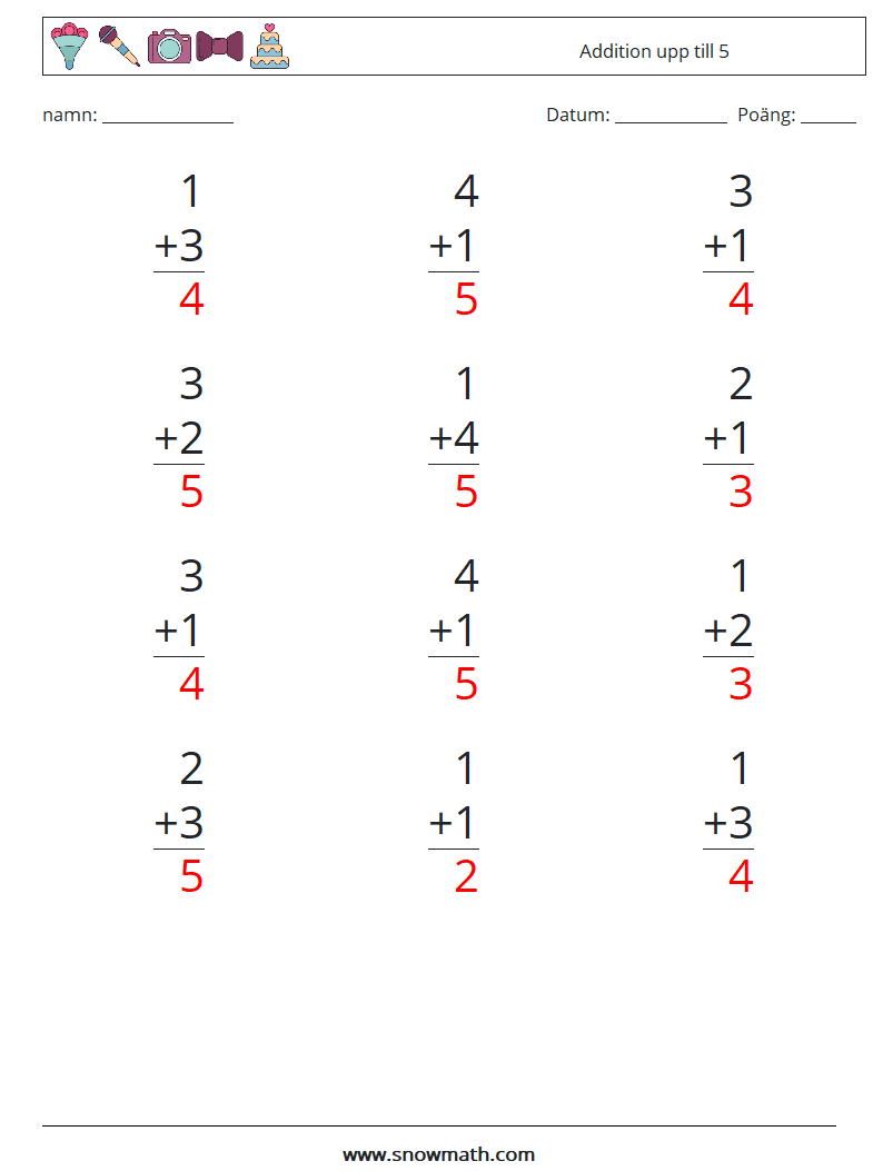 (12) Addition upp till 5 Matematiska arbetsblad 9 Fråga, svar