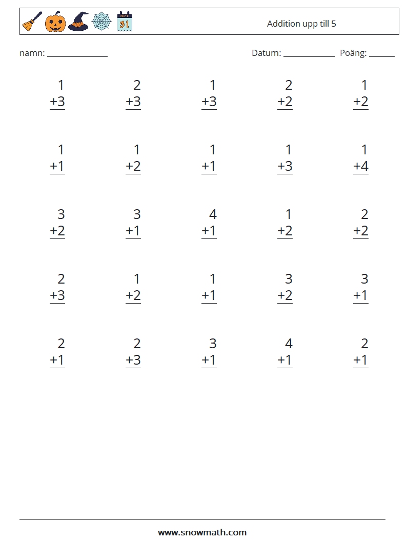 (25) Addition upp till 5 Matematiska arbetsblad 2