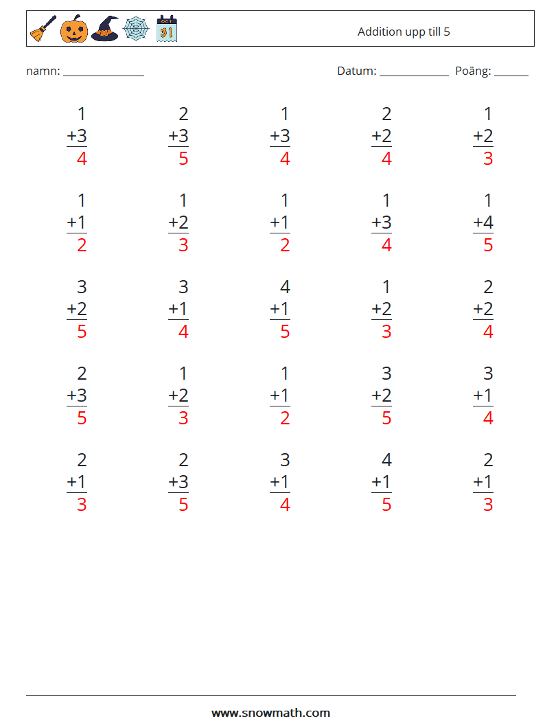 (25) Addition upp till 5 Matematiska arbetsblad 2 Fråga, svar