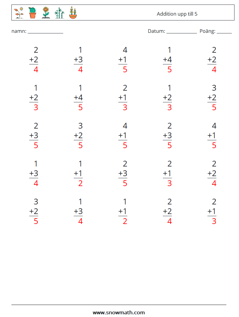 (25) Addition upp till 5 Matematiska arbetsblad 3 Fråga, svar