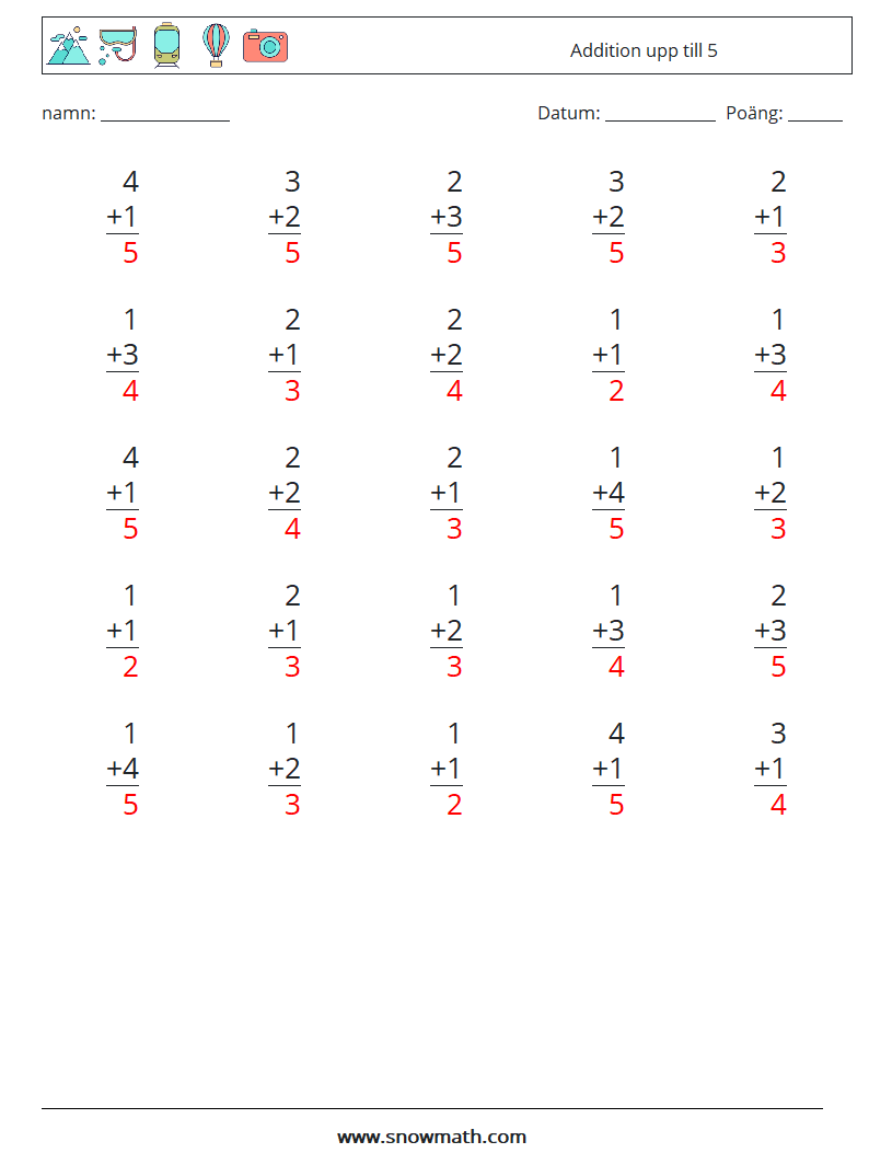 (25) Addition upp till 5 Matematiska arbetsblad 4 Fråga, svar