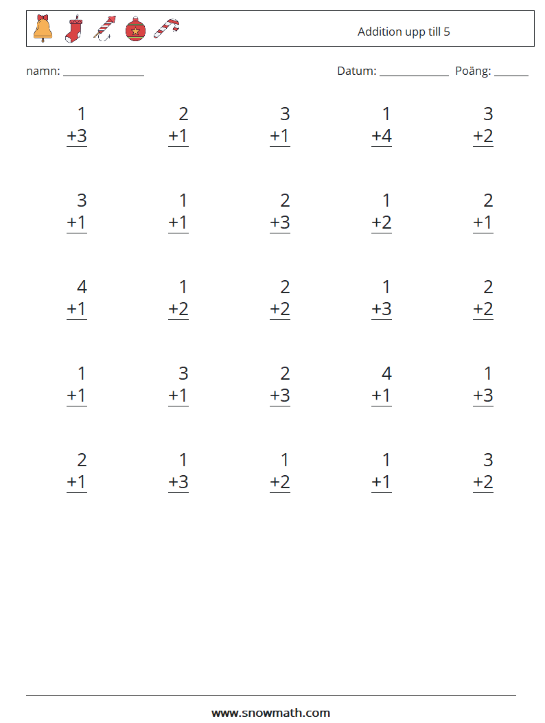 (25) Addition upp till 5 Matematiska arbetsblad 5