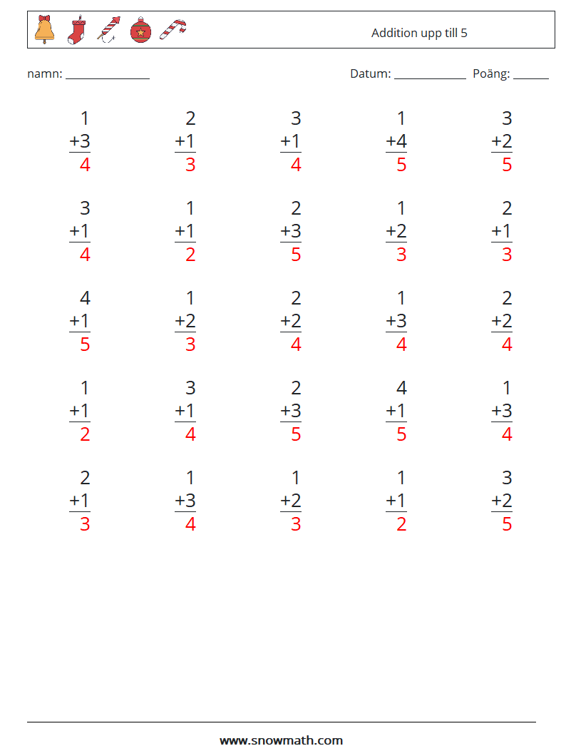 (25) Addition upp till 5 Matematiska arbetsblad 5 Fråga, svar