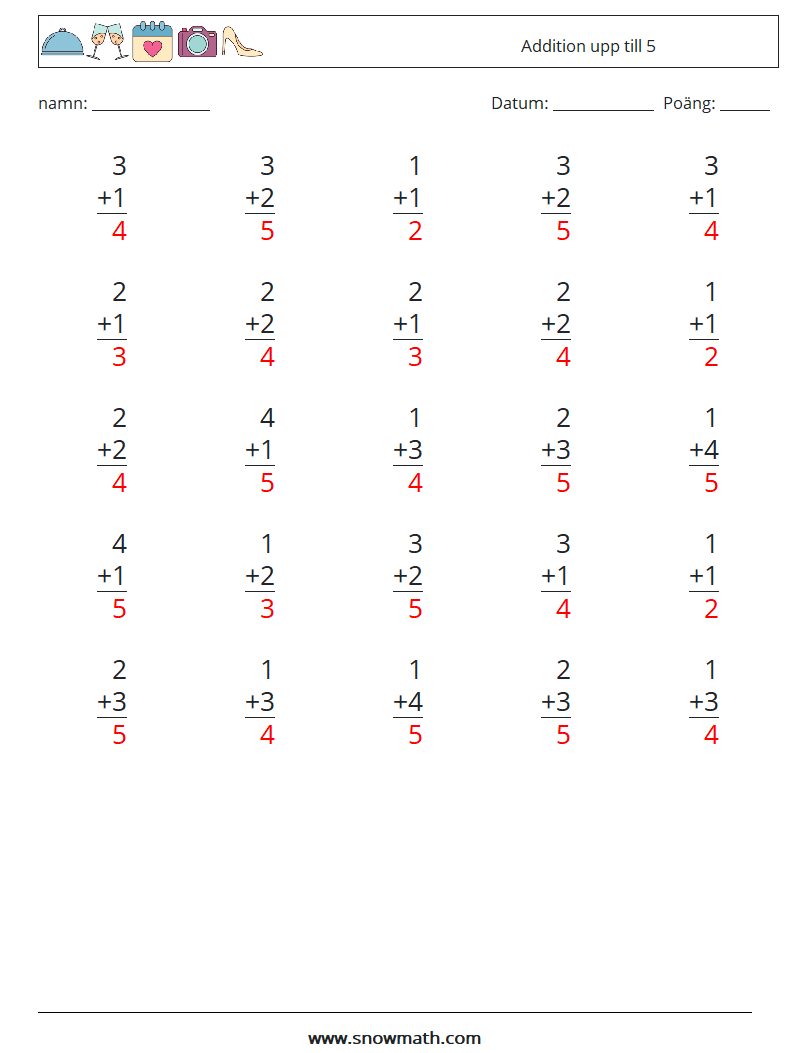 (25) Addition upp till 5 Matematiska arbetsblad 6 Fråga, svar