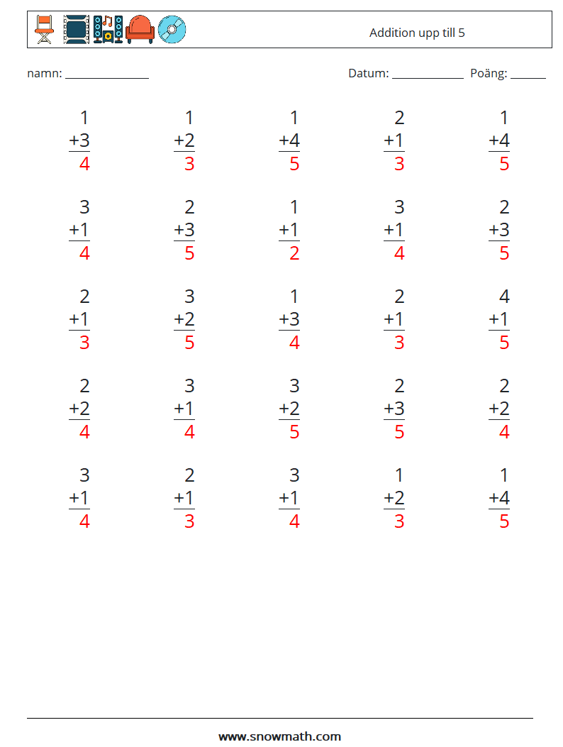 (25) Addition upp till 5 Matematiska arbetsblad 7 Fråga, svar