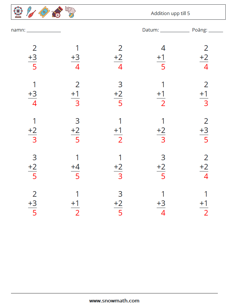 (25) Addition upp till 5 Matematiska arbetsblad 8 Fråga, svar