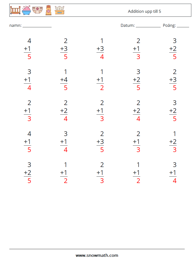 (25) Addition upp till 5 Matematiska arbetsblad 9 Fråga, svar