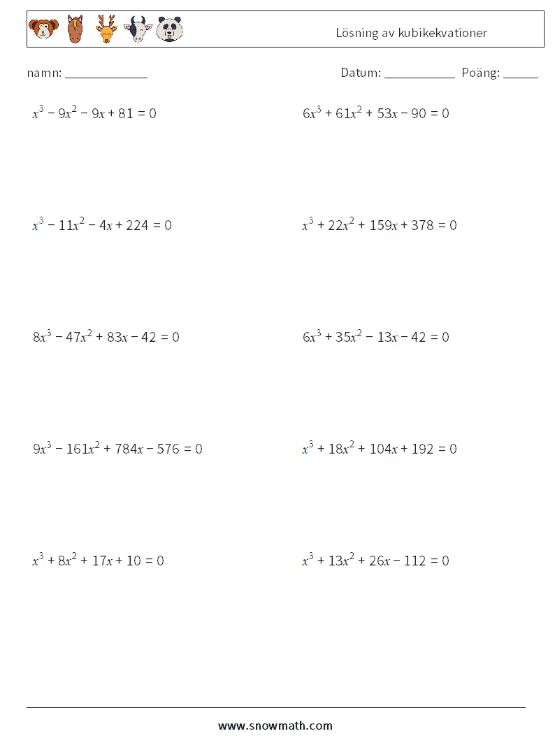 Lösning av kubikekvationer Matematiska arbetsblad 5