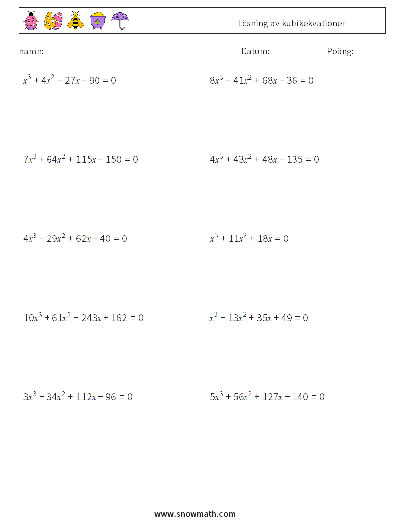 Lösning av kubikekvationer Matematiska arbetsblad 7