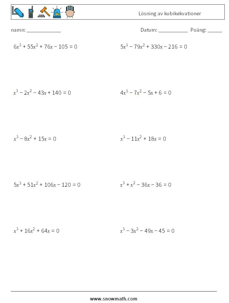 Lösning av kubikekvationer Matematiska arbetsblad 8
