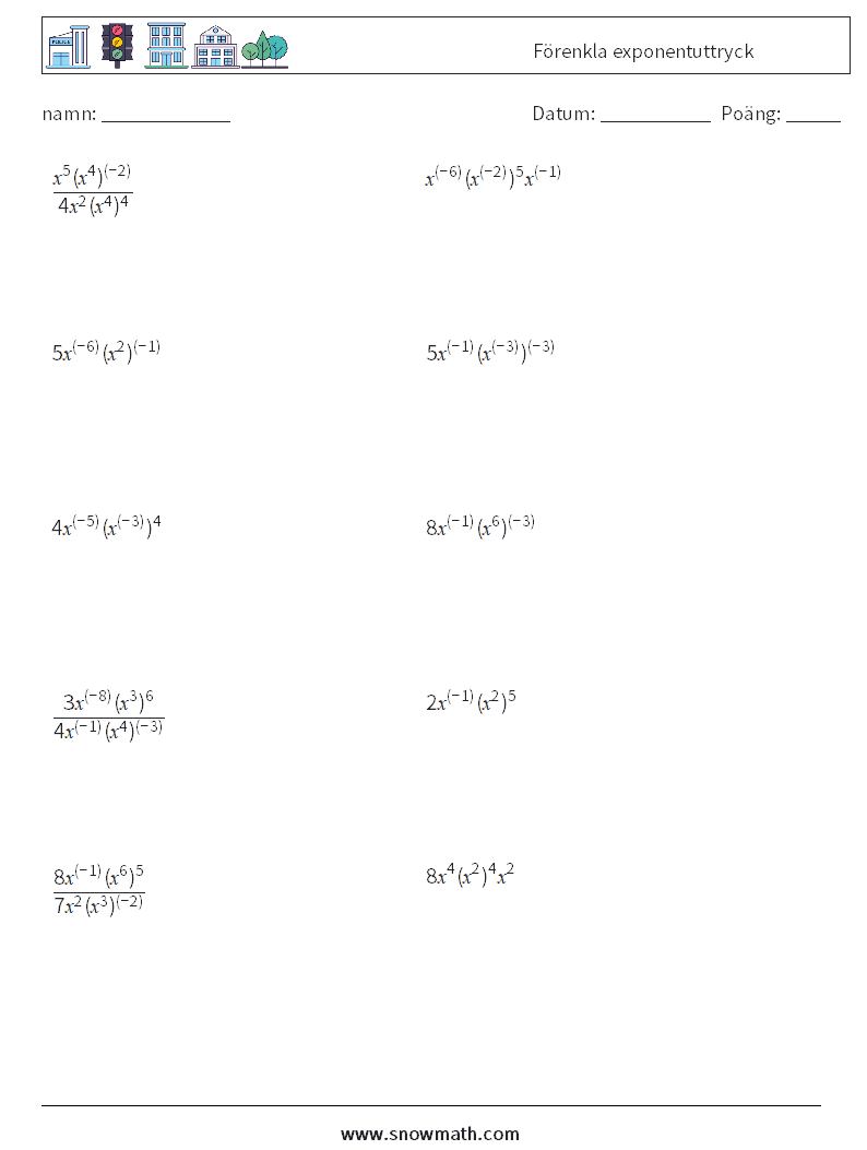  Förenkla exponentuttryck Matematiska arbetsblad 1