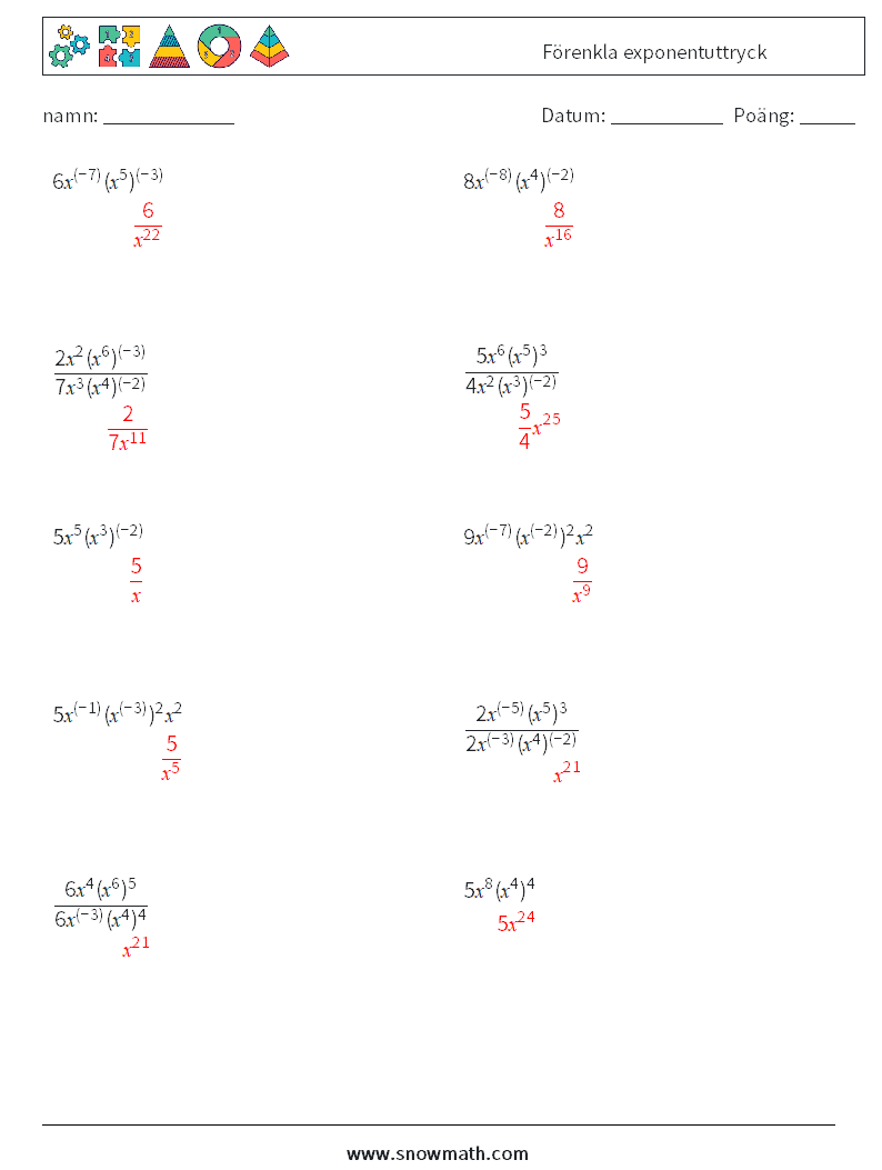  Förenkla exponentuttryck Matematiska arbetsblad 2 Fråga, svar