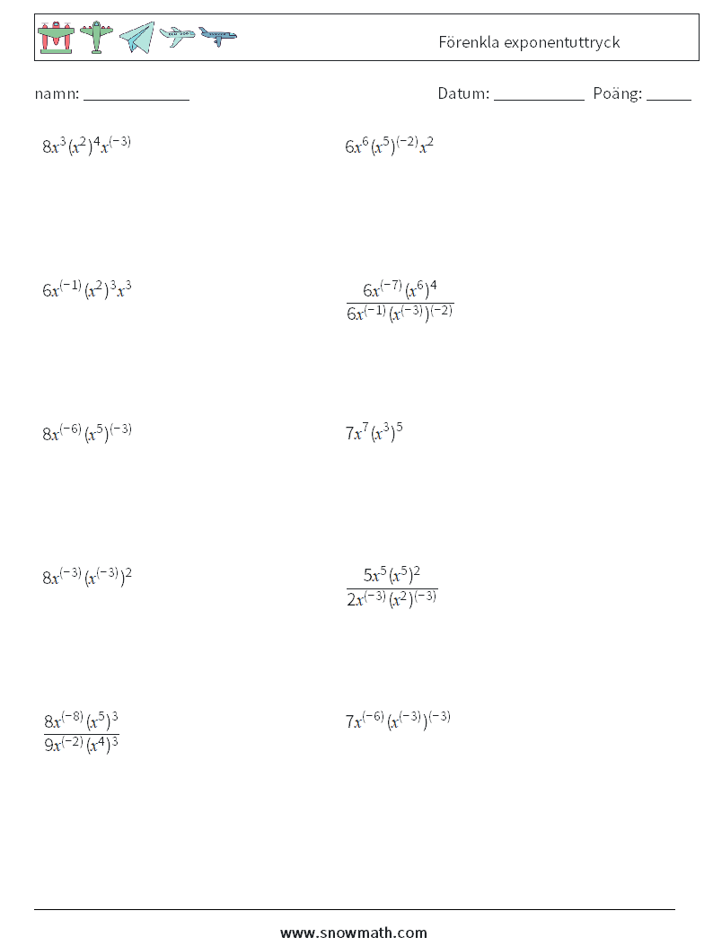  Förenkla exponentuttryck Matematiska arbetsblad 3