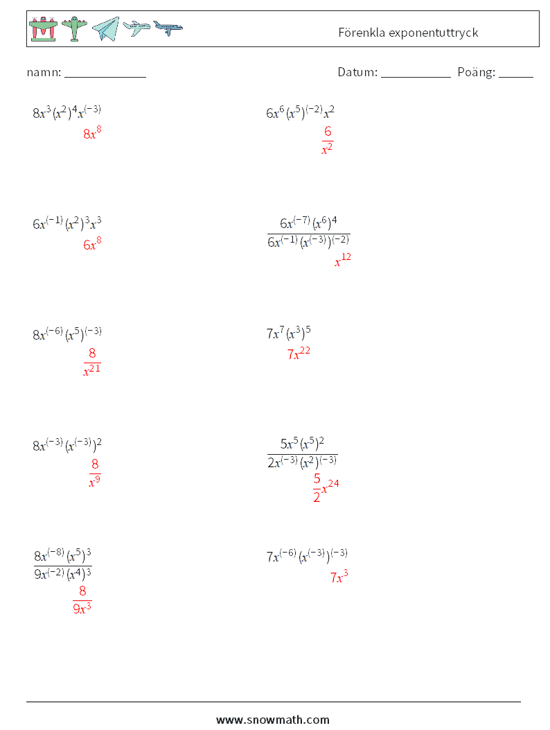  Förenkla exponentuttryck Matematiska arbetsblad 3 Fråga, svar