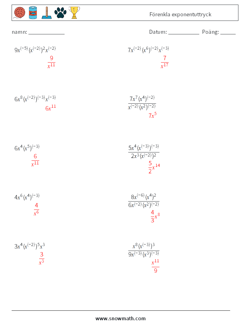 Förenkla exponentuttryck Matematiska arbetsblad 4 Fråga, svar