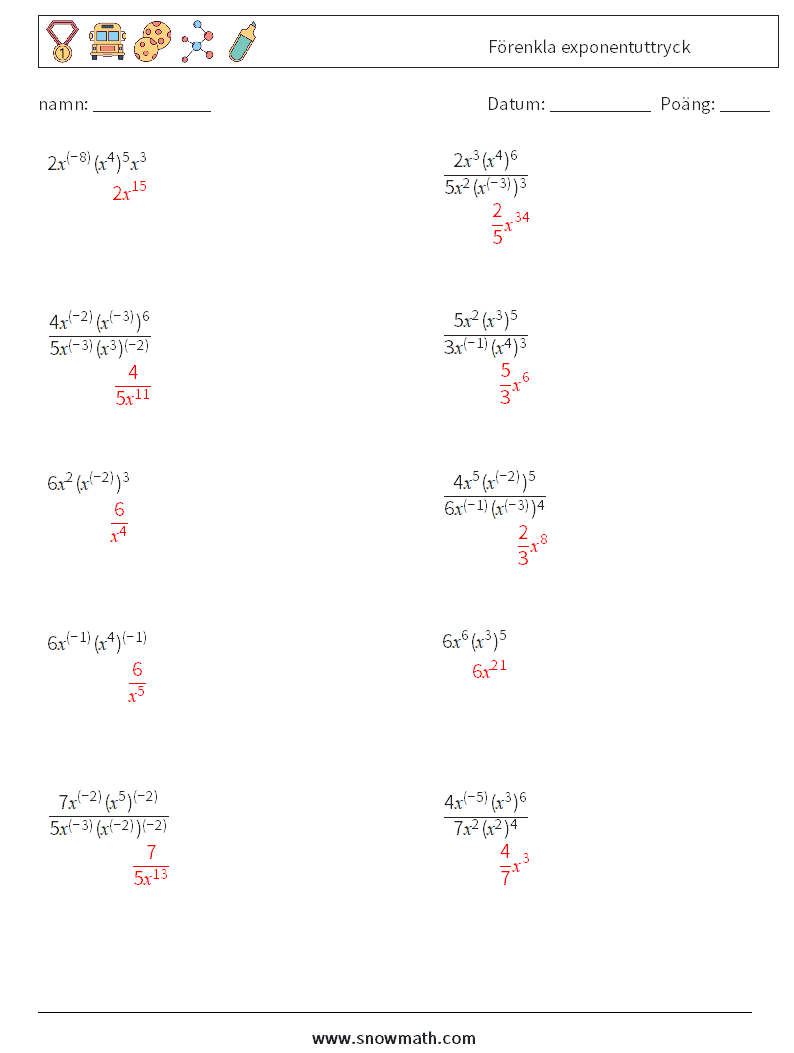  Förenkla exponentuttryck Matematiska arbetsblad 5 Fråga, svar