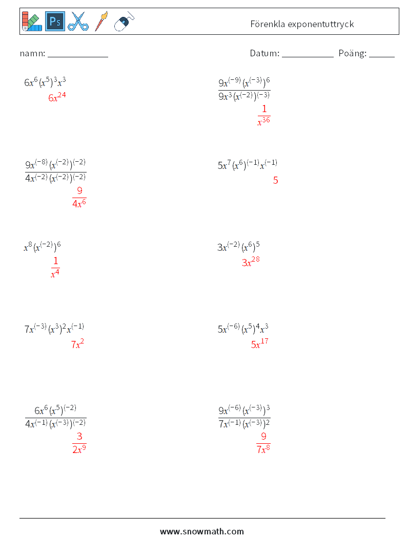  Förenkla exponentuttryck Matematiska arbetsblad 6 Fråga, svar