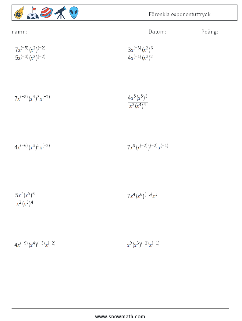  Förenkla exponentuttryck Matematiska arbetsblad 7