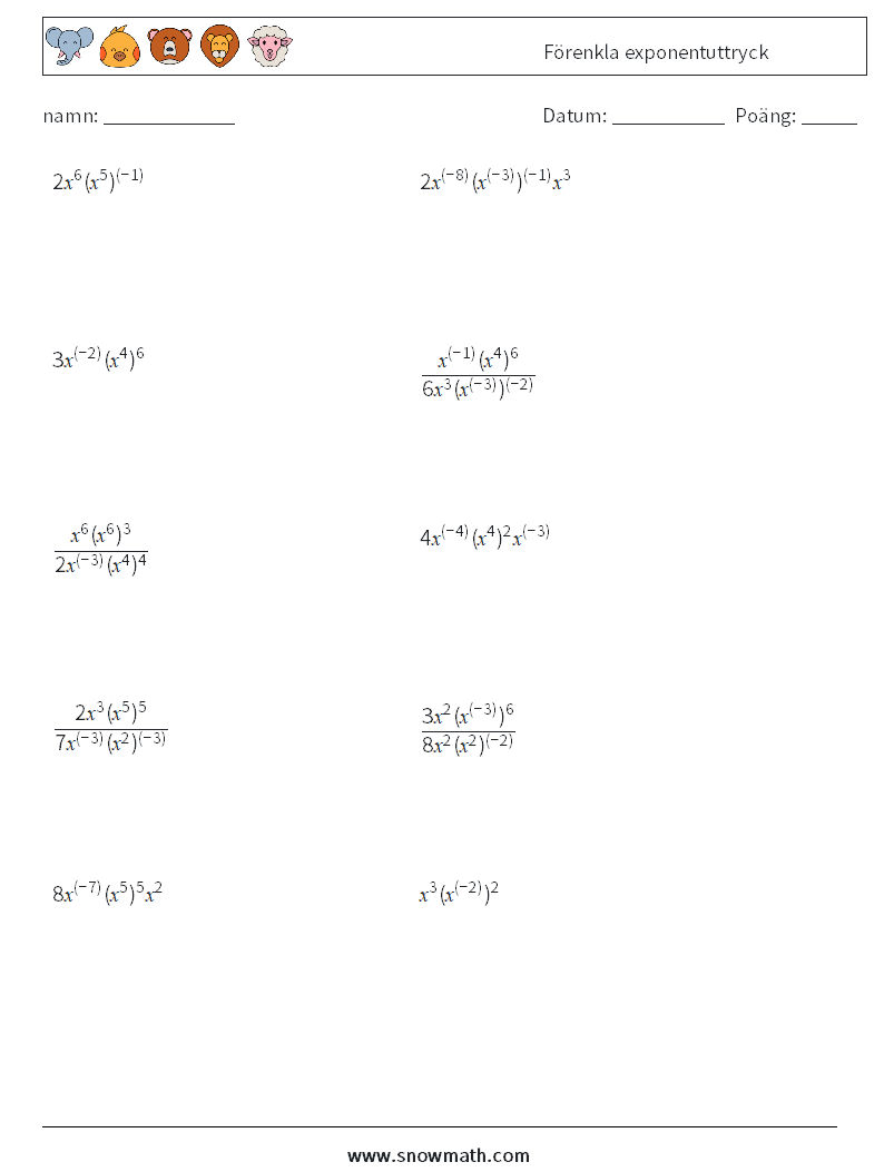  Förenkla exponentuttryck Matematiska arbetsblad 9