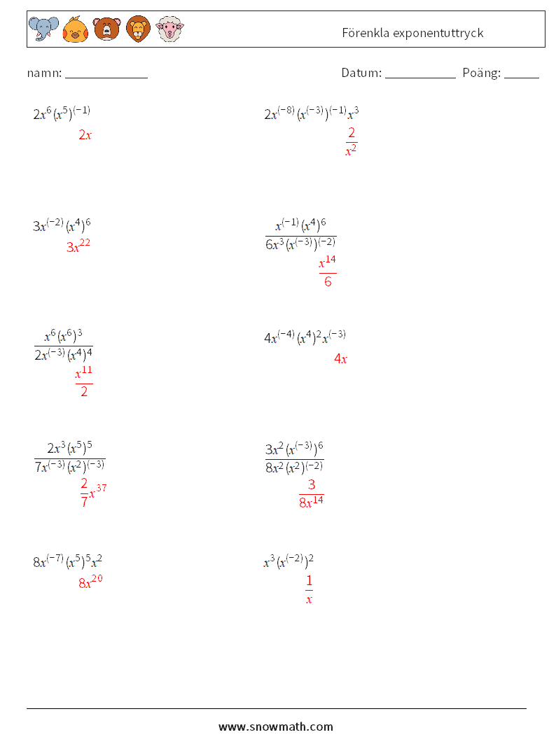  Förenkla exponentuttryck Matematiska arbetsblad 9 Fråga, svar