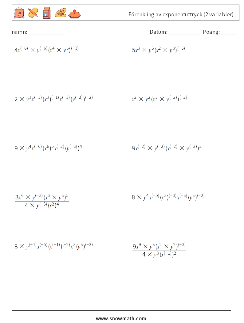  Förenkling av exponentuttryck (2 variabler) Matematiska arbetsblad 1