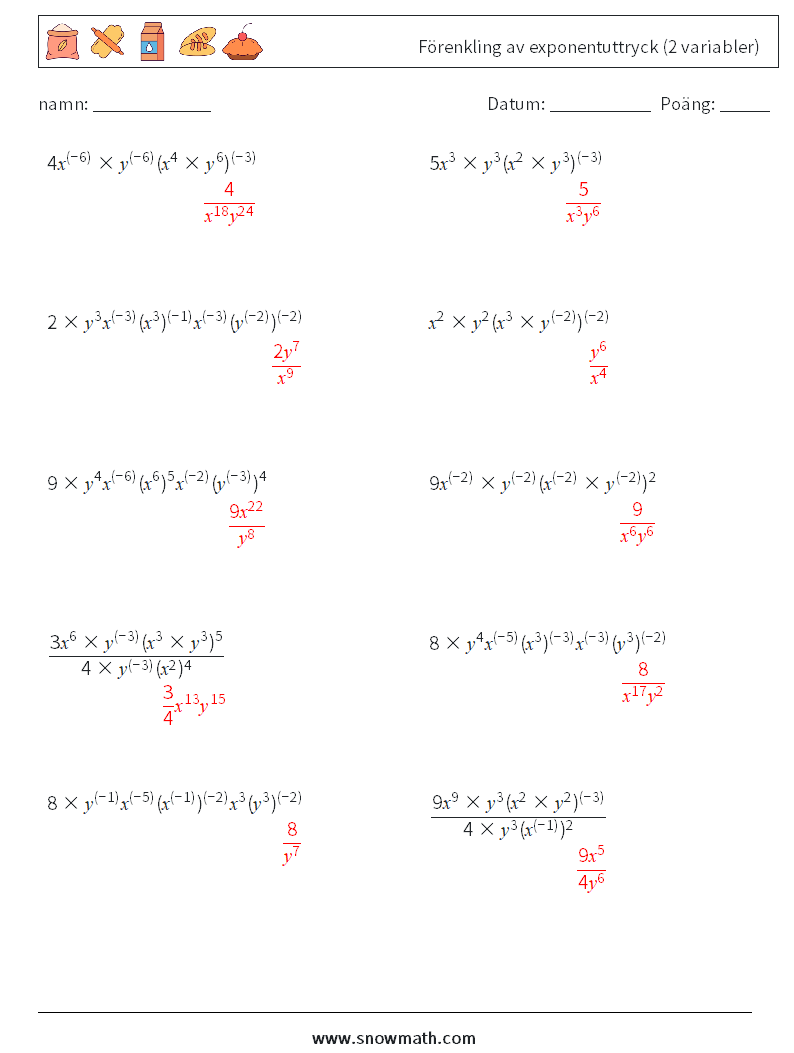  Förenkling av exponentuttryck (2 variabler) Matematiska arbetsblad 1 Fråga, svar
