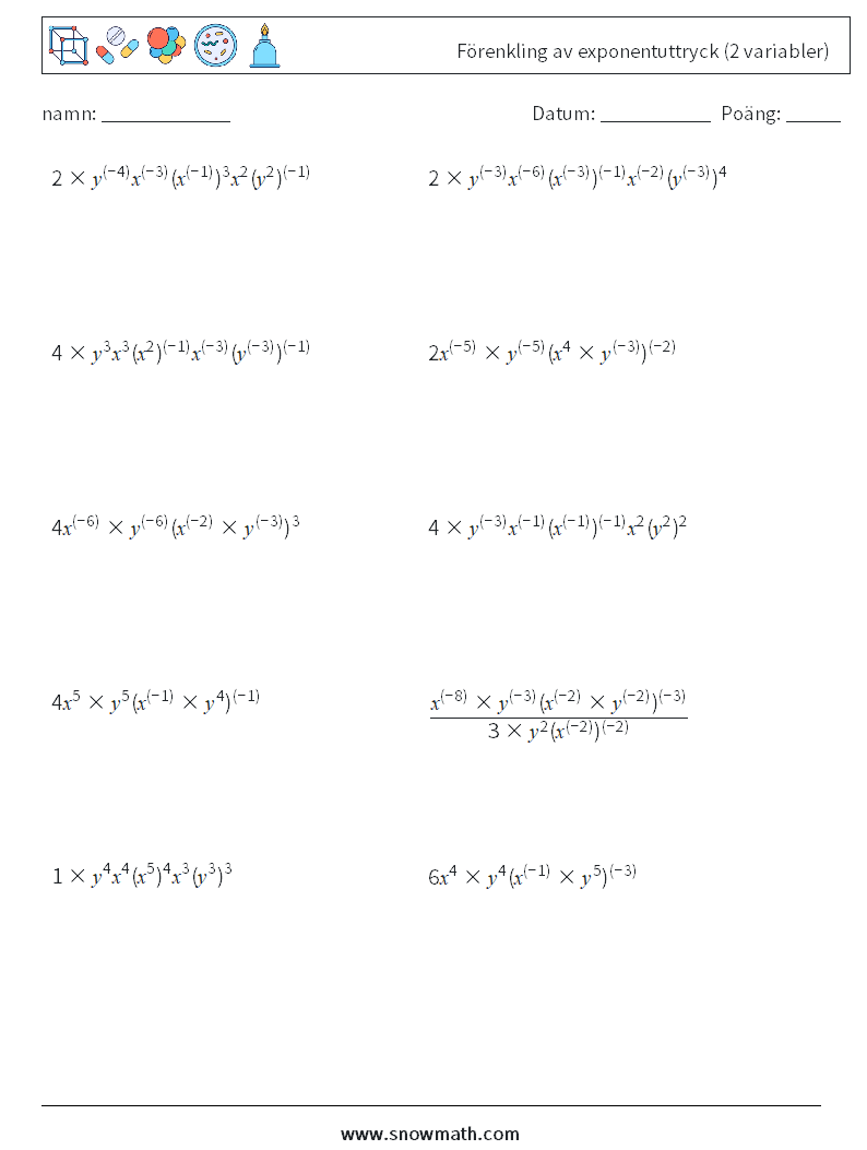  Förenkling av exponentuttryck (2 variabler) Matematiska arbetsblad 3