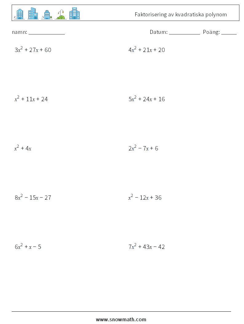 Faktorisering av kvadratiska polynom Matematiska arbetsblad 2