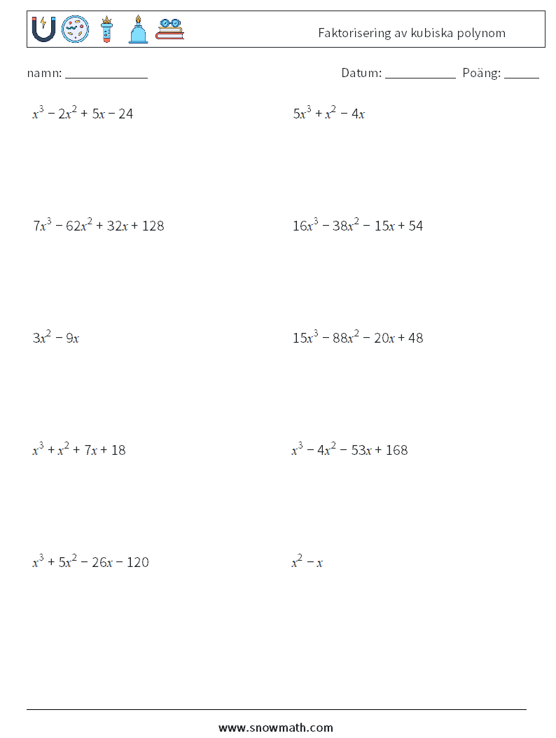 Faktorisering av kubiska polynom Matematiska arbetsblad 1