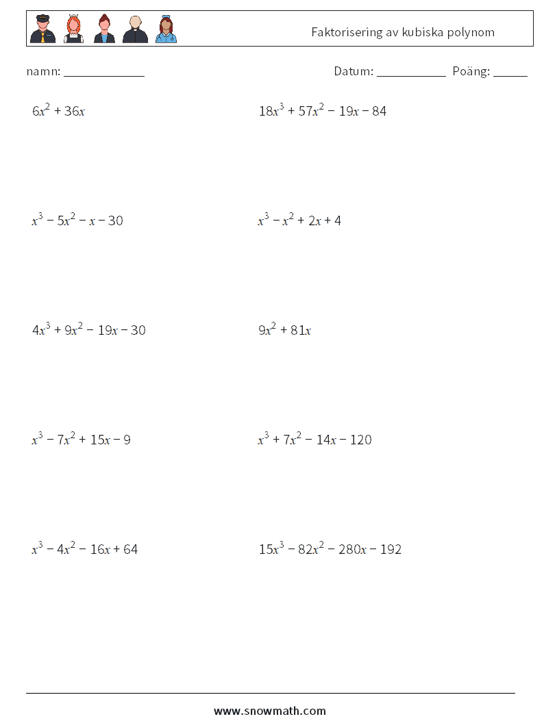 Faktorisering av kubiska polynom Matematiska arbetsblad 2