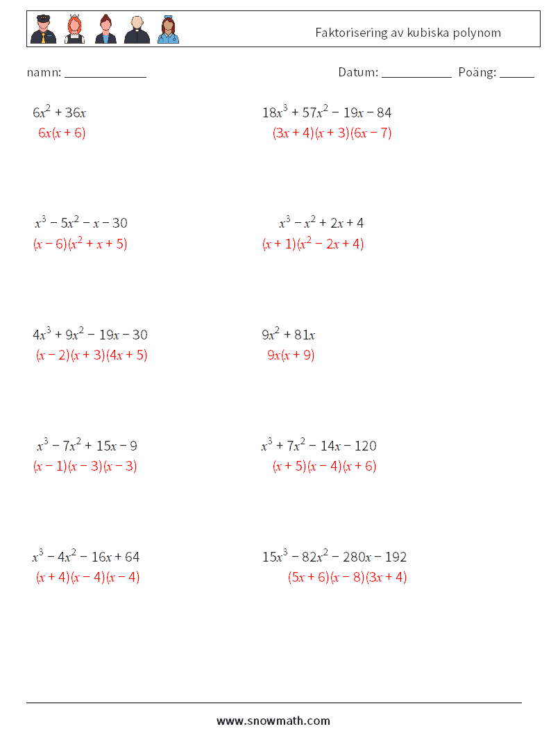 Faktorisering av kubiska polynom Matematiska arbetsblad 2 Fråga, svar