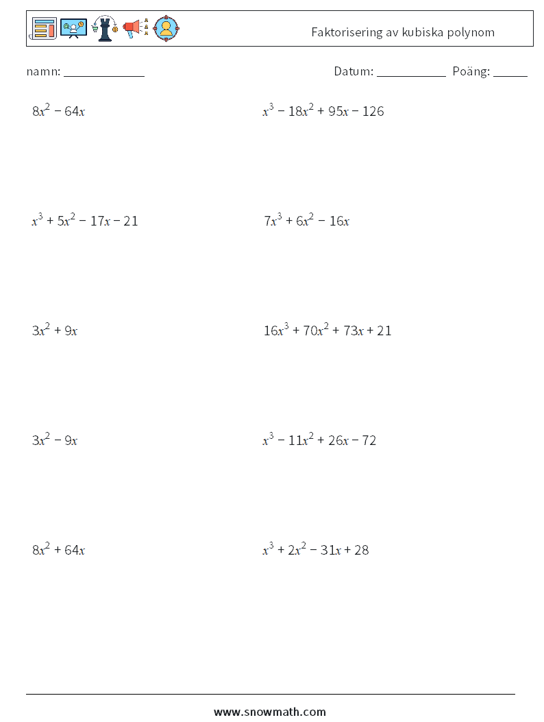 Faktorisering av kubiska polynom Matematiska arbetsblad 3