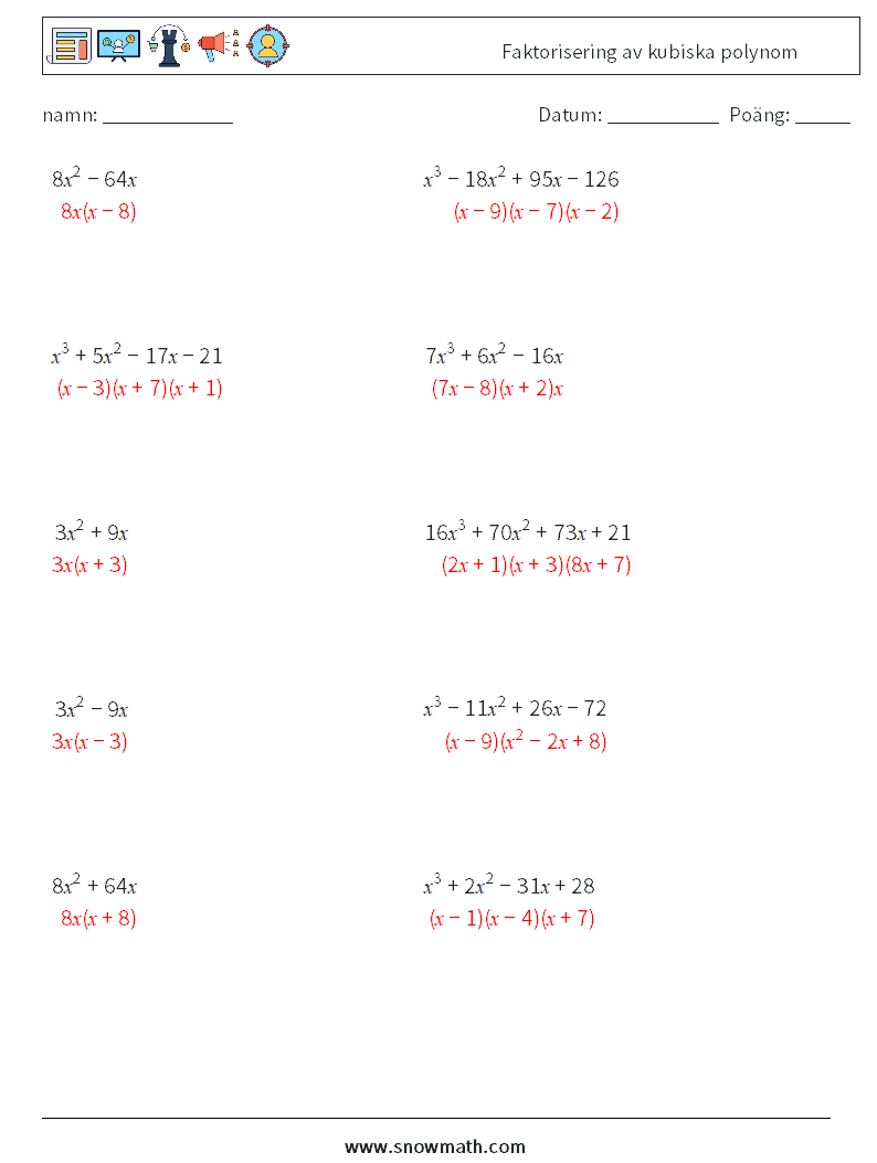 Faktorisering av kubiska polynom Matematiska arbetsblad 3 Fråga, svar