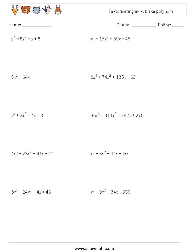 Faktorisering av kubiska polynom Matematiska arbetsblad 4