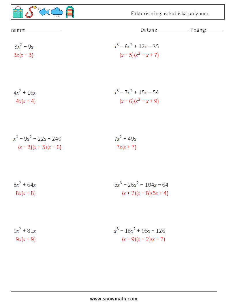 Faktorisering av kubiska polynom Matematiska arbetsblad 5 Fråga, svar