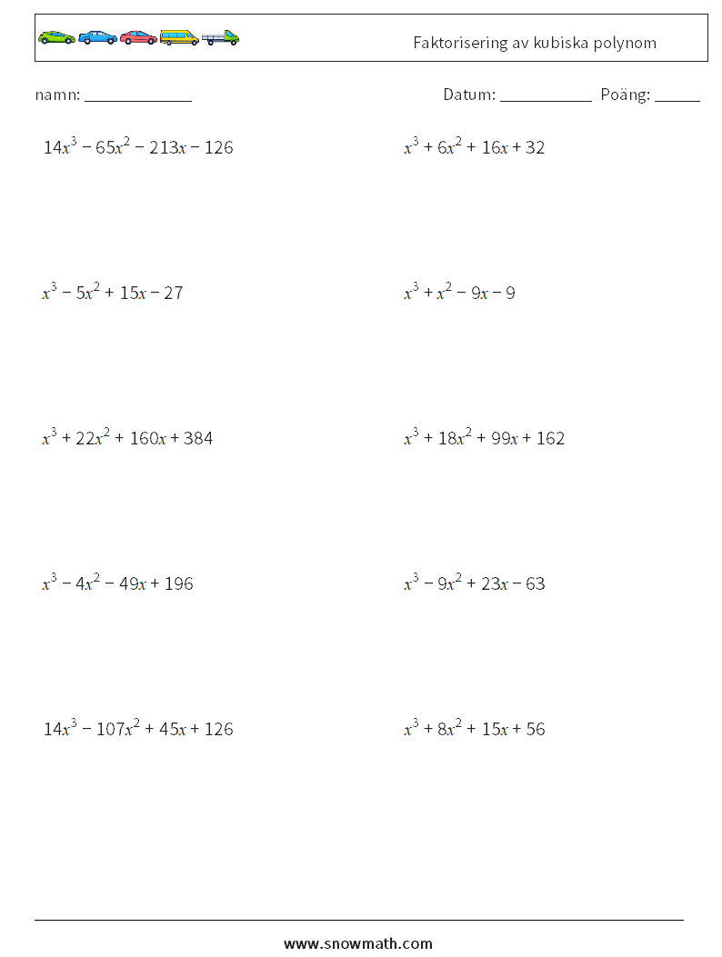 Faktorisering av kubiska polynom Matematiska arbetsblad 6