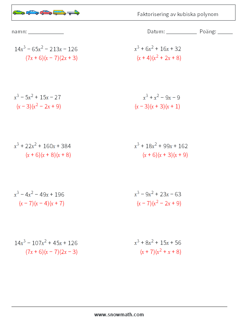 Faktorisering av kubiska polynom Matematiska arbetsblad 6 Fråga, svar